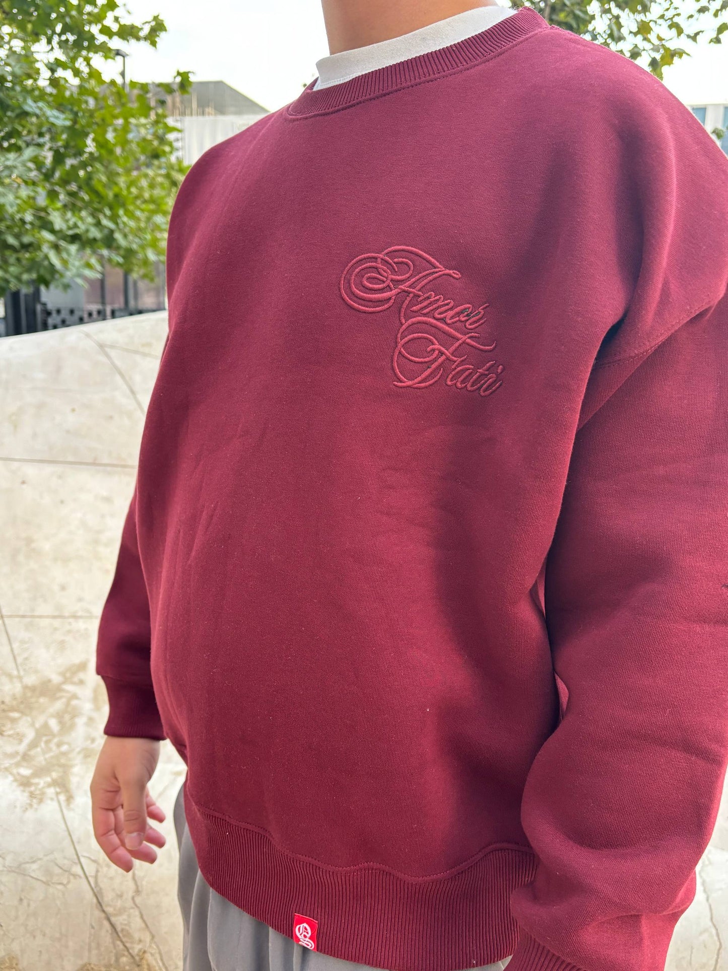 Burgundy ''Amor Fati'' Embroidered Oversize Sweatshirt