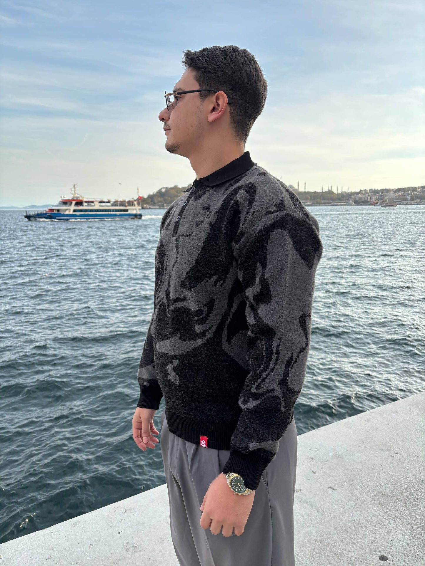 Black Gray Pattern Acrylic Sweater