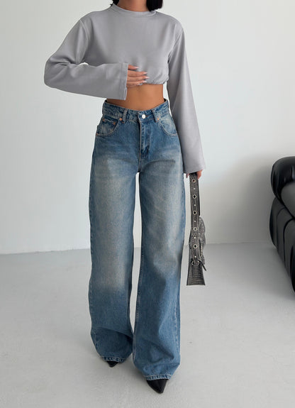 Aukšto juosmens plačios džinsinės kelnės