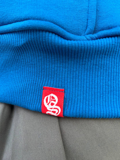 Mėlynas didelis paprastas džemperis su gobtuvu