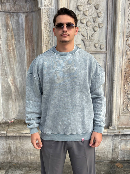 Washed ''Be a Blessing'' Left Sleeve Print Detailed Oversize Sweatshirt