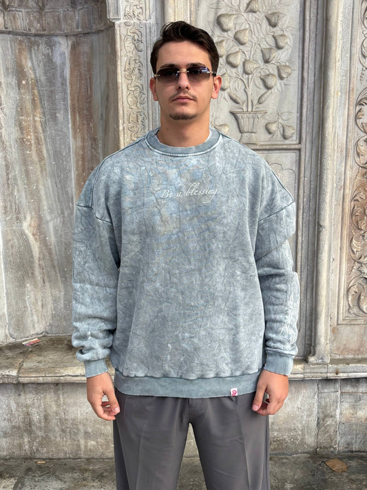 Washed ''Be a Blessing'' Left Sleeve Print Detailed Oversize Sweatshirt