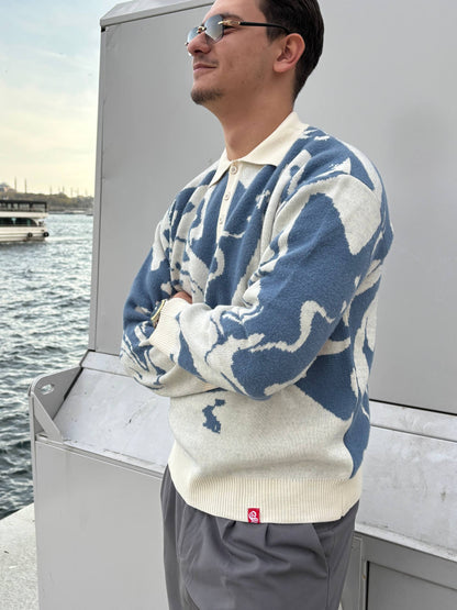 Blue White Pattern Acrylic Sweater