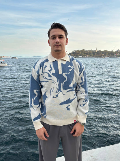 Blue White Pattern Acrylic Sweater