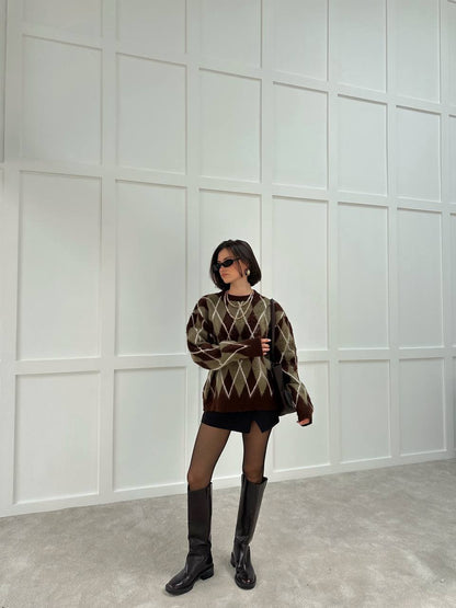 Fleece Lined Diamond Pattern Brown Sweater