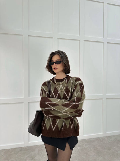 Fleece Lined Diamond Pattern Brown Sweater