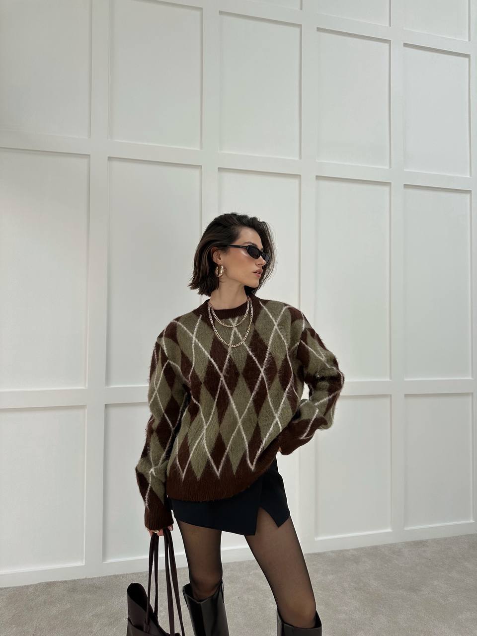 Fleece Lined Diamond Pattern Brown Sweater