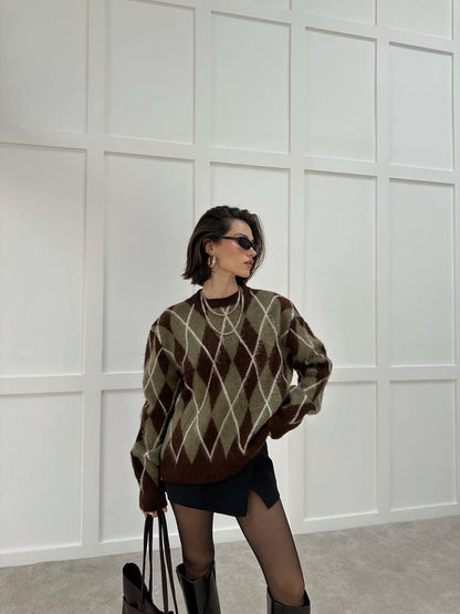Fleece Lined Diamond Pattern Brown Sweater