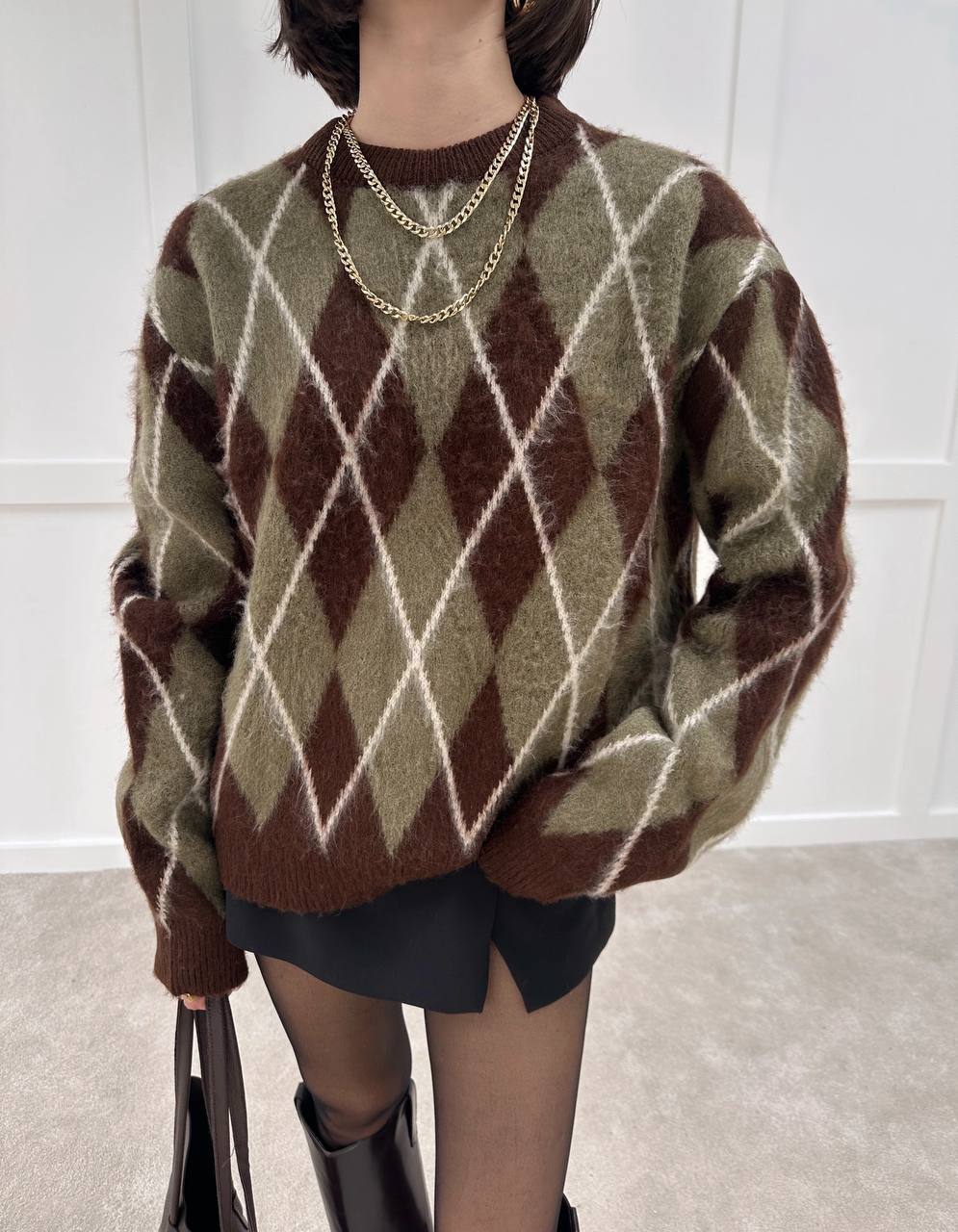 Fleece Lined Diamond Pattern Brown Sweater