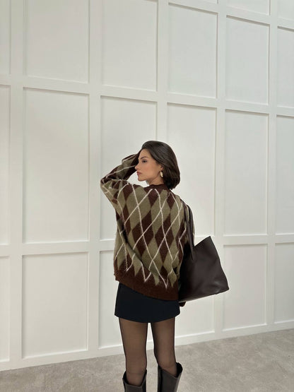 Fleece Lined Diamond Pattern Brown Sweater