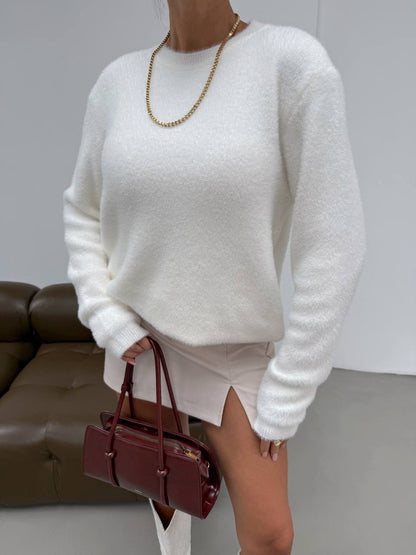 Soft Fuzzy Crew Neck White Sweater