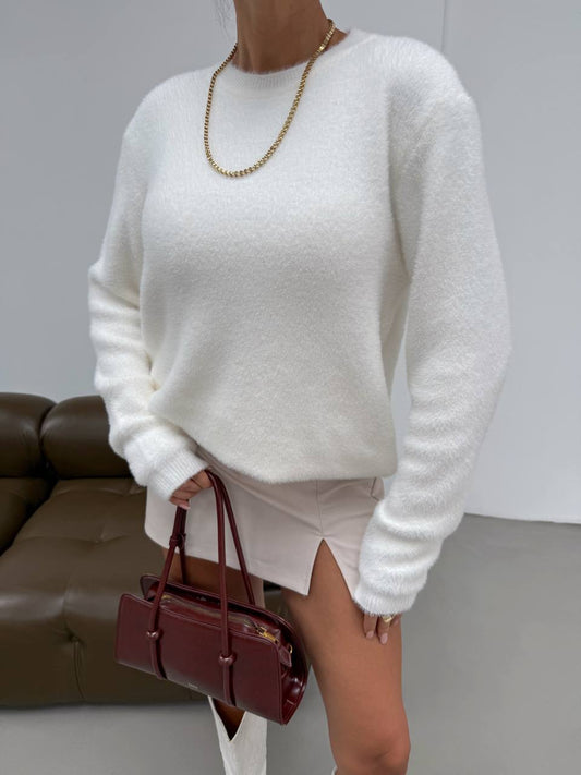 Soft Fuzzy Crew Neck White Sweater