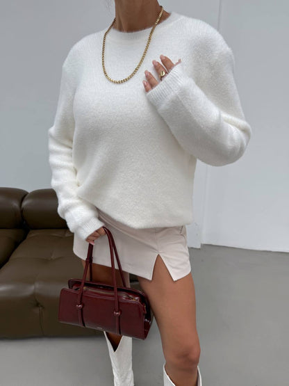 Soft Fuzzy Crew Neck White Sweater
