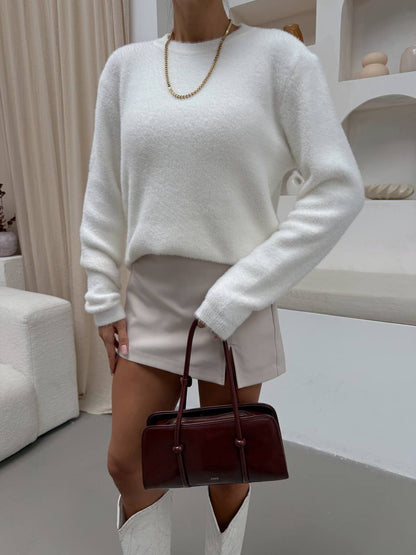 Soft Fuzzy Crew Neck White Sweater