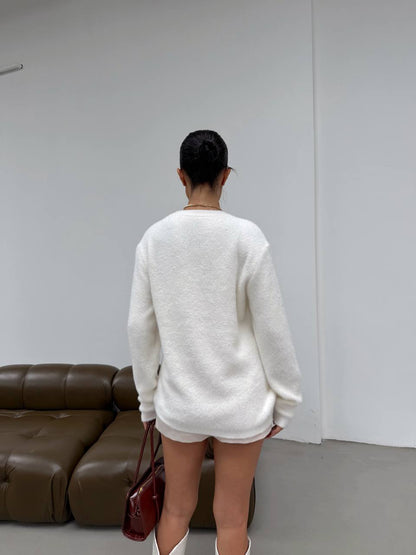 Soft Fuzzy Crew Neck White Sweater